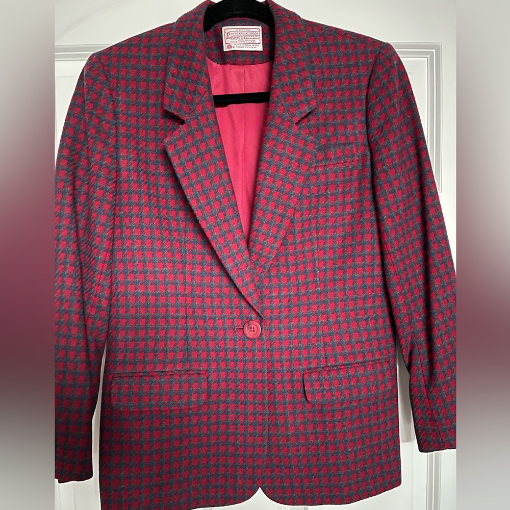 Vintage Pendleton Red and Navy Blue Houndstooth Jacket Blazer Petite